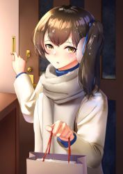 Rule 34 | 1girl, absurdres, alternate costume, bag, blue ribbon, blue sweater, blush, brown hair, chain, coat, commentary, door, earmuffs, hair ribbon, highres, holding, holding bag, indoors, kaga (kancolle), kantai collection, latch, lock, long sleeves, looking at viewer, paper bag, parted lips, pink lips, ribbon, sakurahuji-iro, scarf, side ponytail, solo, sparkle, sweater, upper body, white coat, white scarf, winter clothes, yellow eyes