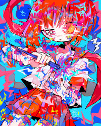 Rule 34 | 1girl, abstract, absurdres, aqua fire, bags under eyes, bandaid, bandaid on arm, bandaid on face, bandaid on leg, blue fire, blush, colorful, commentary request, edanoma meu, electricity, fire, hair over one eye, highres, impaled, jitome, multicolored background, neon palette, no nose, nose blush, orange nails, original, pink eyes, pleated skirt, red hair, red skirt, skirt, solo, teardrop, tongue, tongue out, translation request, uneven eyes