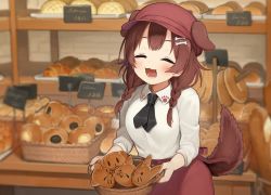 Rule 34 | 1girl, :3, :d, ^ ^, animal ears, bakery, basket, black neckerchief, blurry, blurry background, blush, bone hair ornament, braid, bread, brick wall, brown hair, brown hat, brown skirt, cabbie hat, closed eyes, collared shirt, depth of field, dog ears, dog girl, dog tail, eyebrows hidden by hair, facing viewer, food, hair ornament, hair over shoulder, hat, holding, holding basket, hololive, indoors, inugami korone, long hair, long sleeves, low twintails, neckerchief, open mouth, seramikku, shirt, shop, sign, skirt, smile, solo, tail, twin braids, twintails, virtual youtuber, white shirt