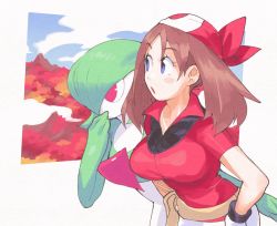 Rule 34 | 2girls, autumn, bandana, belt, blue eyes, blue sky, blush, blush stickers, bob cut, border, breasts, brown hair, cloud, collarbone, collared shirt, colored skin, covered mouth, covering own mouth, creatures (company), day, female focus, game freak, gardevoir, gen 3 pokemon, green hair, green skin, hair over one eye, hand on own hip, hand to own mouth, hand up, inkerton-kun, large breasts, leaning forward, looking to the side, may (pokemon), medium hair, multicolored skin, multiple girls, nintendo, one eye covered, open mouth, outdoors, outside border, pokemon, pokemon (creature), pokemon rse, pouch, red headwear, red shirt, shirt, short hair, short sleeves, sidelocks, sky, small breasts, standing, tree, two-tone skin, upper body, white border, white skin