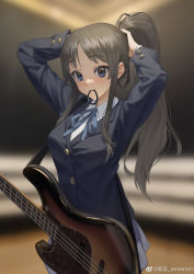 Rule 34 | 1girl, a wu, absurdres, akiyama mio, arms up, bass guitar, black eyes, black hair, blazer, blue jacket, blunt bangs, blurry, blurry background, buttoned cuffs, buttons, collared shirt, cowboy shot, hair tie in mouth, highres, holding, holding hair, indoors, instrument, jacket, k-on!, long hair, long sleeves, looking at viewer, mouth hold, neck ribbon, parted bangs, ponytail, ribbon, sakuragaoka high school uniform, school uniform, shirt, sidelocks, skirt, smile, solo, standing, tying hair, weibo logo, weibo watermark, white shirt, white skirt
