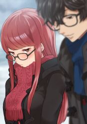 Rule 34 | 1boy, 1girl, amamiya ren, black-framed eyewear, black coat, black hair, blue scarf, blurry, blush, closed mouth, coat, commentary request, depth of field, glasses, highres, kurosususu, long hair, looking at another, looking to the side, outdoors, persona, persona 5, persona 5 the royal, red eyes, red hair, red scarf, scarf, short hair, straight hair, swept bangs, yoshizawa sumire
