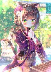 Rule 34 | 1girl, absurdres, aged down, animal ear fluff, animal ears, animal print, blurry, blurry background, blush, box, braid, brown hair, cat ears, cat girl, cat print, cat tail, child, commentary request, crown braid, donation box, floral print, flower, green eyes, hair flower, hair ornament, hairpin, highres, huge filesize, japanese clothes, karyl (new year) (princess connect!), karyl (princess connect!), kimono, light particles, long sleeves, looking at viewer, moeno uni, own hands together, petals, princess connect!, purple kimono, ribbon, sidelocks, smile, solo, tail, tail ornament, tail ribbon, wavy hair, wide sleeves