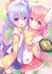Rule 34 | 2girls, :d, animal ears, apron, asymmetrical docking, black legwear, blue eyes, blue hair, blue skirt, blush, bow, breast press, breasts, cat ears, cat girl, cat tail, commentary request, dango, day, fish hair ornament, flat chest, food, frilled apron, frilled skirt, frills, hair between eyes, hair ornament, hanami, hand up, highres, holding, holding food, holding tray, japanese clothes, kimono, long hair, long sleeves, looking at viewer, maid, maid headdress, medium breasts, multiple girls, onka, open mouth, original, outdoors, parted lips, pink bow, pink hair, purple eyes, rabbit ears, red skirt, sakura (usashiro mani), sanshoku dango, skirt, smile, tail, tail raised, thighhighs, tray, tree, usashiro mani, wa maid, wagashi, white apron, wide sleeves, yellow kimono