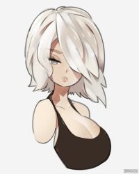 Rule 34 | 1girl, black shirt, blouse, breasts, cleavage, collarbone, grey background, grey eyes, hair over one eye, halterneck, highres, large breasts, mole, mole under mouth, nier (series), nier:automata, one eye covered, onionsketch, parted lips, portrait, shirt, short hair, sleeveless, sleeveless shirt, solo, white hair, 2b (nier:automata)