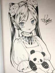 Rule 34 | 1girl, :p, commentary request, cone hair bun, cropped torso, dress, earrings, flower, frilled shirt collar, frills, hair bun, hair flower, hair ornament, highres, holding, holding stuffed toy, jewelry, kanimura ebio, long hair, looking at viewer, marker (medium), monochrome, original, photo (medium), signature, smile, solo, stuffed animal, stuffed panda, stuffed toy, tongue, tongue out, traditional media, twintails