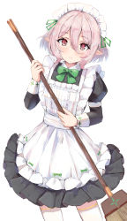 Rule 34 | 1girl, alternate costume, apron, bad id, bad pixiv id, bow, bowtie, broom, commentary request, enmaided, eyes visible through hair, hair between eyes, highres, holding, holding broom, kokkoro (princess connect!), long sleeves, looking at viewer, maid, maid apron, maid headdress, pointy ears, princess connect!, red eyes, sateto (user knrf2332), short hair, sidelocks, silver hair, simple background, smile, solo, split mouth, thighhighs, white background, white thighhighs, zettai ryouiki