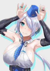 Rule 34 | 1girl, armpits, arms up, blue eyes, blue hat, blue necktie, blue skirt, blush, breasts, brid (nikke), buhiko, closed mouth, detached sleeves, garrison cap, goddess of victory: nikke, green hair, grey hair, hat, high-waist skirt, highres, huge breasts, jewelry, long hair, looking at viewer, low-tied long hair, mole, mole on breast, multicolored hair, necktie, rabbit pose, ring, shirt, shoulder tattoo, sideboob, skirt, sleeveless, smile, solo, striped necktie, tattoo, two-tone hair, upper body, white shirt
