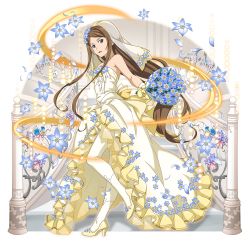 Rule 34 | 1girl, :d, blue eyes, blue flower, bouquet, brown hair, dress, floating hair, flower, from side, full body, hair flower, hair ornament, high heels, highres, holding, holding bouquet, jewelry, long dress, long hair, looking at viewer, necklace, official art, open mouth, pantyhose, parted bangs, pumps, sidelocks, sleeveless, sleeveless dress, smile, solo, sortiliena serlut, stairs, standing, striped clothes, striped dress, sword art online, sword art online: memory defrag, transparent background, very long hair, wedding dress, white dress, white pantyhose, yellow footwear