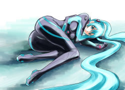 Rule 34 | 1girl, absurdly long hair, adapted costume, alternate breast size, alternate costume, aqua eyes, aqua hair, ass, ayanami rei, blue eyes, blue hair, bodysuit, bracer, breasts, eyes visible through hair, full body, gloves, hair ornament, hands up, hatsune miku, long hair, looking at viewer, lying, matching hair/eyes, neon genesis evangelion, on side, open mouth, pilot suit, plugsuit, solo, turtleneck, twintails, very long hair, vocaloid