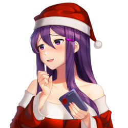 Rule 34 | 1girl, :d, artist name, bare shoulders, blush, box, christmas, commentary, doki doki literature club, english commentary, gift, gift box, hair between eyes, hair ornament, hairclip, hat, highres, incoming gift, long hair, long sleeves, looking away, off shoulder, open mouth, pom pom (clothes), purple eyes, purple hair, santa costume, santa hat, sasoura, sidelocks, simple background, smile, solo, upper body, white background, yuri (doki doki literature club)