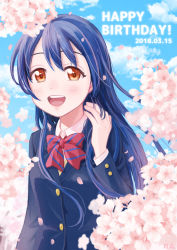 Rule 34 | birthday, blue hair, blush, bow, bowtie, brown eyes, dated, day, hair between eyes, hand in own hair, highres, long hair, love live!, love live! school idol project, outdoors, red bow, red bowtie, sakura, school uniform, smile, sonoda umi, spring (season), striped bow, striped bowtie, striped clothes
