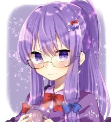 Rule 34 | 1girl, abe suke, alternate hairstyle, bespectacled, blue bow, blush, bow, bowtie, closed eyes, closed mouth, cup, glasses, hair bow, holding, long hair, looking at viewer, patchouli knowledge, ponytail, purple eyes, purple hair, red bow, red bowtie, semi-rimless eyewear, sidelocks, signature, solo, sparkle, touhou, under-rim eyewear, upper body
