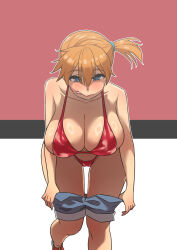 Rule 34 | 1girl, akai melon, alternate breast size, asymmetrical hair, bare shoulders, bikini, blue eyes, blush, breasts, creatures (company), denim, denim shorts, female focus, game freak, gen 1 pokemon, gym leader, hair tie, highres, huge breasts, large breasts, legs, looking at viewer, misty (pokemon), nintendo, orange hair, pokemon, pokemon lgpe, ponytail, red bikini, shiny skin, short hair, shorts, side ponytail, simple background, swimsuit, thick thighs, thighs, thong, tongue, tongue out