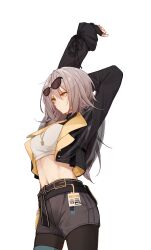 Rule 34 | 1girl, absurdres, alternate costume, arm behind head, arms up, belt, black-framed eyewear, black jacket, black pantyhose, black shorts, breasts, closed mouth, cowboy shot, crop top, cropped jacket, expressionless, eyewear on head, glasses, grey hair, highres, honkai: star rail, honkai (series), id card, jacket, jeanbeansprout, jewelry, long hair, long sleeves, medium breasts, midriff, multiple belts, navel, necklace, open clothes, open jacket, pantyhose, see-through, shirt, short shorts, shorts, simple background, solo, standing, stelle (honkai: star rail), stomach, sunglasses, trailblazer (honkai: star rail), white background, white shirt, wing collar, yellow eyes