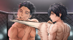 Rule 34 | 2boys, abs, absurdres, battle, black hair, blurry, blurry background, boxing, clenched hands, closed mouth, collarbone, grey eyes, highres, in the face, indoors, jab, male focus, mixed martial arts, multiple boys, muscular, nice (kingzone), nipples, open mouth, original, punching, saliva, speed lines, sweat, teeth, upper teeth only