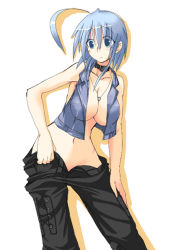 Rule 34 | 1girl, ahoge, blue eyes, blue hair, breasts, cleavage, collar, cropped jacket, huge ahoge, matching hair/eyes, ment, navel, necklace, no bra, no panties, open jacket, open pants, original, pants, short hair, solo, unbuttoned, undressing, unzipped