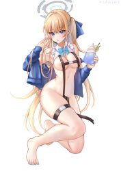 Rule 34 | 1girl, :o, absurdres, areola slip, artist name, asagiri ai, bare shoulders, belt, blonde hair, blue archive, blue bow, blue bowtie, blue eyes, blue hair, blue nails, bow, bowtie, breasts, commentary, cup, detached collar, earpiece, feet, fingernails, food, fruit, full body, hair bow, halo, hand in own hair, highres, holding, holding cup, jacket, legs, lemon, lemon slice, light blush, long hair, long sleeves, looking at viewer, medium breasts, multicolored hair, nail polish, navel, off shoulder, open clothes, open jacket, paid reward available, parted lips, revealing clothes, simple background, solo, stomach, streaked hair, swimsuit, thigh belt, thigh strap, toenail polish, toenails, toes, toki (blue archive), very long hair, white background