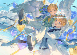 Rule 34 | 2boys, balloon, beach, belt, bird, bird wings, bishounen, black belt, black collar, blonde hair, blue flower, blue necktie, blue ribbon, bouquet, buttons, check copyright, chinese commentary, closed mouth, coattails, collar, collared jacket, collared shirt, commentary request, commission, copyright request, cowboy shot, day, feathered wings, flower, full body, glasses, gloves, green collar, green socks, green vest, grey-framed eyewear, groom, hand on another&#039;s back, heart balloon, highres, holding, holding bouquet, husband and husband, jacket, layered sleeves, lifting person, light blush, light frown, long sleeves, looking at viewer, male focus, multiple boys, necktie, nomi tongxue, ocean, open clothes, open jacket, original, outdoors, pants, pocket, purple flower, purple rose, ribbon, rose, seagull, shirt, shoes, short hair, socks, sparkle, thick eyebrows, too many, too many birds, v-neck, vest, watermark, weibo logo, weibo username, white footwear, white gloves, white jacket, white pants, white shirt, white sleeves, white wings, wings, yaoi, yellow necktie
