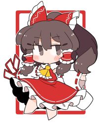 Rule 34 | 1girl, ascot, bare shoulders, barefoot, blush, bow, brown eyes, brown hair, closed mouth, detached sleeves, frilled skirt, frills, full body, hair bow, hair tubes, hakurei reimu, ini (inunabe00), japanese clothes, long hair, nontraditional miko, red bow, red skirt, ribbon-trimmed sleeves, ribbon trim, sidelocks, skirt, solo, touhou, white sleeves, wide sleeves, yellow ascot