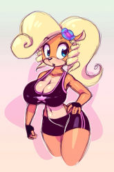 Rule 34 | 1girl, bare shoulders, beige background, bike shorts, black gloves, blonde hair, blue eyes, breasts, cleavage, coco bandicoot, collarbone, crash bandicoot (series), fingerless gloves, furry, gloves, hand on own hip, large breasts, navel, nitro, ponytail, shorts, simple background, sports bra, wide hips