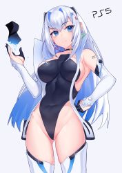 Rule 34 | 1girl, absurdres, armpits, bare shoulders, black leotard, breasts, choker, colored inner hair, covered navel, cowboy shot, detached sleeves, game console, gendo0032, groin, hand on own hip, hand up, high collar, highleg, highleg leotard, highres, large breasts, leotard, long hair, looking at viewer, multicolored hair, original, personification, playstation 5, product girl, ps5 chan, sidelocks, sleeveless, solo, sony, standing, strapless, strapless leotard, thighhighs, thighs, two-tone hair, very long hair, white hair, white thighhighs