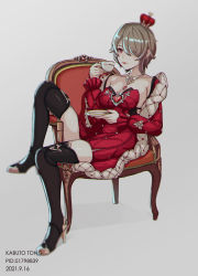 Rule 34 | 1girl, absurdres, boots, breasts, brown footwear, brown hair, chair, cleavage, closed mouth, crown, cup, dress, full body, grey background, hair over one eye, high heels, highres, holding, holding cup, holding plate, honkai (series), honkai impact 3rd, jacket, jewelry, kabuto tong, lipstick, long sleeves, looking at viewer, makeup, nail polish, necklace, plate, purple eyes, red dress, red jacket, red nails, rita rossweisse, rita rossweisse (umbral rose), short hair, sitting, sleeveless, sleeveless dress, thigh boots, thighhighs