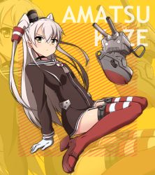 Rule 34 | 10s, 1girl, amatsukaze (kancolle), arm support, character name, choker, dress, full body, garter straps, gloves, grey hair, hair between eyes, hair tubes, head tilt, headgear, highres, kantai collection, lifebuoy, long hair, looking at viewer, minowa sukyaru, red thighhighs, rensouhou-kun, rudder footwear, sailor dress, sitting, solo, striped clothes, striped thighhighs, swim ring, thighhighs, two side up, wariza, white gloves, yellow background, yellow eyes, zoom layer