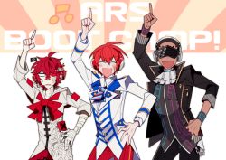 Rule 34 | 3boys, arsloid, bad id, bad twitter id, bandages, beamed eighth notes, black hair, colored sclera, ascot, cyber songman, dark skin, dark-skinned male, fukase, hand on own hip, head flag, headphones, jacket, male focus, multiple boys, musical note, pants, pointing, pointing up, red hair, red pants, red sclera, saturday night fever, scar, shaved head, smile, sunglasses, uoshi (uoshi777), vocaloid, wristband