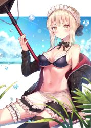 Rule 34 | 1girl, absurdres, arm support, artoria pendragon (all), artoria pendragon (alter swimsuit rider) (second ascension) (fate), artoria pendragon (fate), bad id, bad twitter id, bikini, bikini top only, black bikini, black thighhighs, blonde hair, blush, breasts, bridal garter, brown eyes, bubble, cleavage, closed mouth, fate/grand order, fate (series), highres, large breasts, long sleeves, looking at viewer, maid headdress, navel, saber alter, short hair, single thighhigh, sitting, solo, swimsuit, thighhighs, underboob, yuna (deadawon)