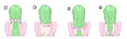 Rule 34 | 1girl, alternate hairstyle, bow, braid, c.c., code geass, commentary request, creayus, dress, facing away, green hair, hair bow, highres, long hair, multiple views, numbered, pink bow, pink dress, simple background, white background