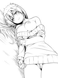 Rule 34 | 1girl, breasts, breasts out, character request, cleavage, copyright request, greyscale, long hair, looking at viewer, monochrome, nipples, no panties, pussy, smile, solo, sweater, uncensored, usume shirou