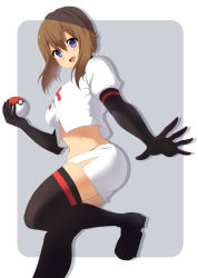 Rule 34 | 1girl, :d, black footwear, black gloves, boots, brown hair, commentary request, commission, cosplay, creatures (company), elbow gloves, game freak, gloves, happy, highres, holding, holding poke ball, jacket, jessie (pokemon), jessie (pokemon) (cosplay), leg up, logo, may (pokemon), nanjou satoshi, nintendo, open mouth, pixiv commission, poke ball, poke ball (basic), pokemon, pokemon (anime), pokemon rse (anime), purple eyes, side slit, skirt, smile, solo, spread fingers, team rocket, thigh boots, tongue, white jacket, white skirt