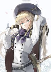 Rule 34 | 1girl, absurdres, artoria caster (fate), artoria caster (second ascension) (fate), artoria pendragon (fate), black gloves, blonde hair, bow, bug, butterfly, buttons, cape, cowboy shot, double-breasted, fate/grand order, fate (series), gloves, green eyes, hand in own hair, hat, highres, insect, long hair, looking at viewer, purple bow, shot (shot0598), smile, solo, sword, sword behind back, weapon, white background