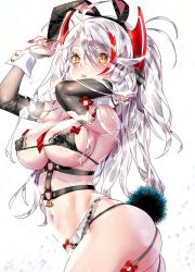 Rule 34 | 1girl, animal ears, antenna hair, arms up, ass, azur lane, bare shoulders, black bra, black panties, blush, bra, breasts, bunny girl, covered erect nipples, detached collar, detached sleeves, fake animal ears, highres, kamiya maneki, large breasts, long hair, looking at viewer, md5 mismatch, multicolored hair, panties, prinz eugen (azur lane), rabbit ears, rabbit tail, red hair, resolution mismatch, silver hair, simple background, solo, source smaller, streaked hair, tail, two side up, underwear, very long hair, white background, yellow eyes