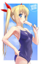 Rule 34 | 10s, 1girl, adjusting clothes, adjusting swimsuit, alternate hairstyle, blonde hair, blue eyes, breasts, character name, cloud, competition school swimsuit, day, food, highres, kirisaki chitoge, long hair, looking at viewer, mao (6r), nisekoi, one-piece swimsuit, popsicle, school swimsuit, sky, small breasts, solo, swimsuit, tan, tanline, twintails