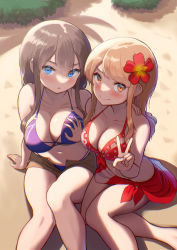 Rule 34 | 2girls, arm support, bare legs, beach, bikini, blue eyes, blush, grabbing another&#039;s breast, breasts, brown hair, brown shorts, cleavage, closed mouth, collarbone, commentary request, flower, grabbing, hair between eyes, hair flower, hair ornament, hibiscus, long hair, looking at viewer, maku ro, medium breasts, multiple girls, navel, open mouth, original, outdoors, purple bikini, red bikini, red eyes, sarong, shorts, sidelocks, sitting, smile, swimsuit, unbuttoned, v, v-shaped eyebrows