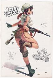 Rule 34 | 1girl, 2boys, ak-74, ass, assault rifle, bad id, bad pixiv id, bandaid, bandaid on arm, boots, breasts, brown eyes, brown hair, covered erect nipples, dated, dual wielding, explosive, faux traditional media, fio germi, fleeing, from behind, glasses, gloves, grenade, gun, hand grenade, handgun, hat, holding, jacket, kalashnikov rifle, legs, looking back, medium breasts, metal slug, midriff, military, military vehicle, monamin, motor vehicle, multiple boys, open mouth, panties, panty peek, plaster, ponytail, rifle, running, scan, shadow, shell casing, short shorts, shorts, sketch, smile, snk, soldier, stick grenade, stielhandgranate, sunglasses, sv001(metalslug), sv001 (metal slug), sweat, tank, tarma roving, thighs, torn clothes, underwear, upshorts, vehicle, weapon