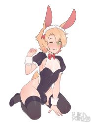 Rule 34 | 1boy, animal ears, belka dog, blonde hair, blush, bow, bowtie, bulge, rabbit ears, rabbit tail, frills, green eyes, hair bow, hairband, kneeling, leotard, maid, maid headdress, male focus, male playboy bunny, one eye closed, original, short hair, short sleeves, simple background, solo, tail, thighhighs, tongue, tongue out, trap, watermark, white background