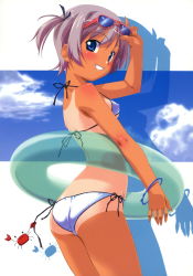 Rule 34 | 1girl, :d, absurdres, ass, back, bikini, blue eyes, blush, bracelet, breasts, cloud, covered erect nipples, crab, day, grey hair, grin, highres, innertube, jewelry, kuuchuu yousai, looking back, open mouth, purple hair, short hair, side-tie bikini bottom, side ponytail, small breasts, smile, solo, source request, sunglasses, swim ring, swimsuit, tan, tanline, white bikini