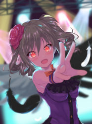 Rule 34 | 1girl, :d, black feathers, blush, breasts, breasts apart, brown hair, feathers, flower, hair between eyes, hair flower, hair ornament, highres, idolmaster, idolmaster cinderella girls, kanzaki ranko, kurai masaru, long hair, medium breasts, open mouth, outstretched arm, purple shirt, red eyes, red flower, shirt, sleeveless, sleeveless shirt, smile, solo, twintails, upper body, white feathers