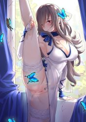 Rule 34 | 1girl, azur lane, bare shoulders, blush, breasts, bug, butterfly, cleavage, cleft of venus, cross, cross earrings, dress, earrings, elbow gloves, fingerless gloves, flexible, gloves, grey hair, has bad revision, has censored revision, insect, jewelry, large breasts, leg lift, leg up, long hair, looking at viewer, mole, mole on breast, mole under eye, no panties, pubic tattoo, pussy, red eyes, saint-louis (azur lane), saint-louis (holy knight&#039;s resplendence) (azur lane), shiroi ume, sleeveless, sleeveless dress, solo, split, standing, standing on one leg, standing split, tattoo, thighhighs, thighs, white dress, white thighhighs