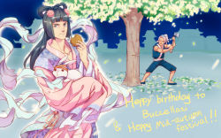Rule 34 | 2boys, axe, bruno bucciarati, chang&#039;e (cosplay), chinese clothes, cookie, cosplay, crossdressing, eating, food, highres, jojo no kimyou na bouken, leone abbacchio, looking at viewer, moon rabbit, mooncake, multiple boys, outdoors, rabbit, shicewlysml, tree, weapon, wu gang (cosplay)