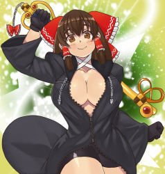 Rule 34 | 1girl, bike shorts, black coat, black coat (kingdom hearts), black gloves, black shorts, blush, bow, breasts, brown eyes, brown hair, cleavage, closed mouth, coat, commentary request, cookie (touhou), cowboy shot, frilled bow, frilled hair tubes, frills, gloves, green background, hair bow, hair tubes, hakurei reimu, heart, kanna (cookie), keyblade, large breasts, long hair, looking at viewer, mo-fu, no bra, red bow, shorts, sidelocks, smile, solo, touhou, unzipped, zipper
