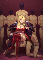 Rule 34 | 1girl, 6+boys, all fours, arms behind back, blonde hair, blue eyes, boots, breasts, chastity belt, cleavage, collar, femdom, gag, gloves, hand on another&#039;s head, heizou nagamatsu, highres, hood, human chair, human furniture, imelda (langrisser), kneeling, langrisser, crossed legs, long hair, looking at viewer, multiple boys, muscular, nipple piercing, nipples, piercing, topless male, sitting, sitting on person, slave, smile, standing, thighhighs