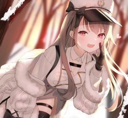 Rule 34 | 1girl, azur lane, black gloves, black thighhighs, blurry, blurry background, breasts, cleavage, collar, commentary request, depth of field, detached collar, fur-trimmed jacket, fur-trimmed sleeves, fur trim, gloves, grey skirt, highres, idemitsu, jacket, long sleeves, medium breasts, open clothes, open jacket, pamiat merkuria (azur lane), shirt, skindentation, skirt, solo, thigh strap, thighhighs, white collar, white jacket, white shirt, wing collar