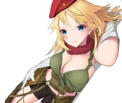 Rule 34 | 1girl, absurdres, ak-47 (girls&#039; frontline), ammunition belt, beret, black shorts, blonde hair, blue eyes, blush, breasts, cleavage, closed mouth, crop top, feet out of frame, girls&#039; frontline, green tank top, hand on thigh, hat, highres, long hair, looking at viewer, lying, medium breasts, on side, red scarf, scarf, shorts, smile, solo, tank top, white background, yanagui