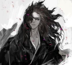 Rule 34 | 1boy, black theme, closed mouth, copyright request, floating hair, hair over one eye, highres, japanese clothes, kimono, long hair, looking at viewer, male focus, one eye covered, petals, pigeon666, purple eyes, signature, solo, spot color, translation request, upper body
