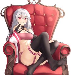 Rule 34 | 1girl, absurdres, ass, black gloves, black thighhighs, breasts, bridal gauntlets, cleavage, couch, elbow gloves, feet on chair, feet up, finger to mouth, gloves, halterneck, heart, highres, indie virtual youtuber, large breasts, legs up, logo, long hair, looking at viewer, medium breasts, mizuz, navel, over-kneehighs, parted lips, partially fingerless gloves, pink shorts, raised eyebrow, red eyes, short shorts, shorts, signature, silver hair, sitting, skindentation, smile, solo, steeb, thigh strap, thighhighs, thighs, throne, toes, virtual youtuber