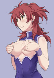 Rule 34 | 00s, 1girl, blush, breast hold, breasts, covering privates, covering breasts, framed breasts, gundam, gundam 00, maruto!, nena trinity, open clothes, open shirt, red hair, shirt, solo, sweatdrop, yellow eyes